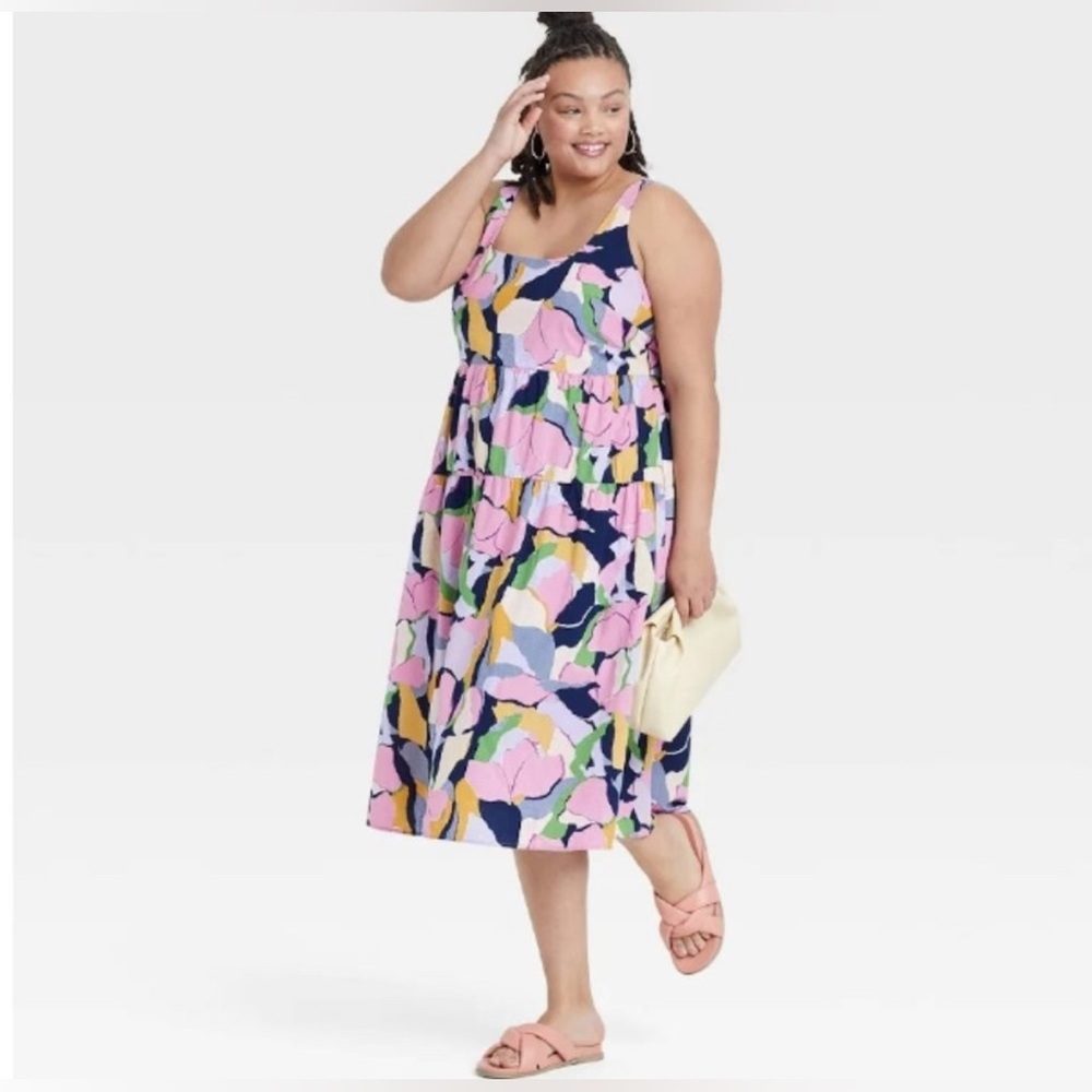 Ava & Viv NWT Size 3X Abstract Floral Print Midi Dress w/ Tie Belt & Pockets